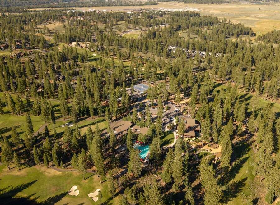 Experience luxury living amidst a stunning pine forest setting with this aerial view of a resort-style property.