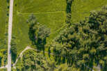 Discover this stunning aerial view showcasing a serene landscape with a paved road winding through lush green fields and dense woodland.