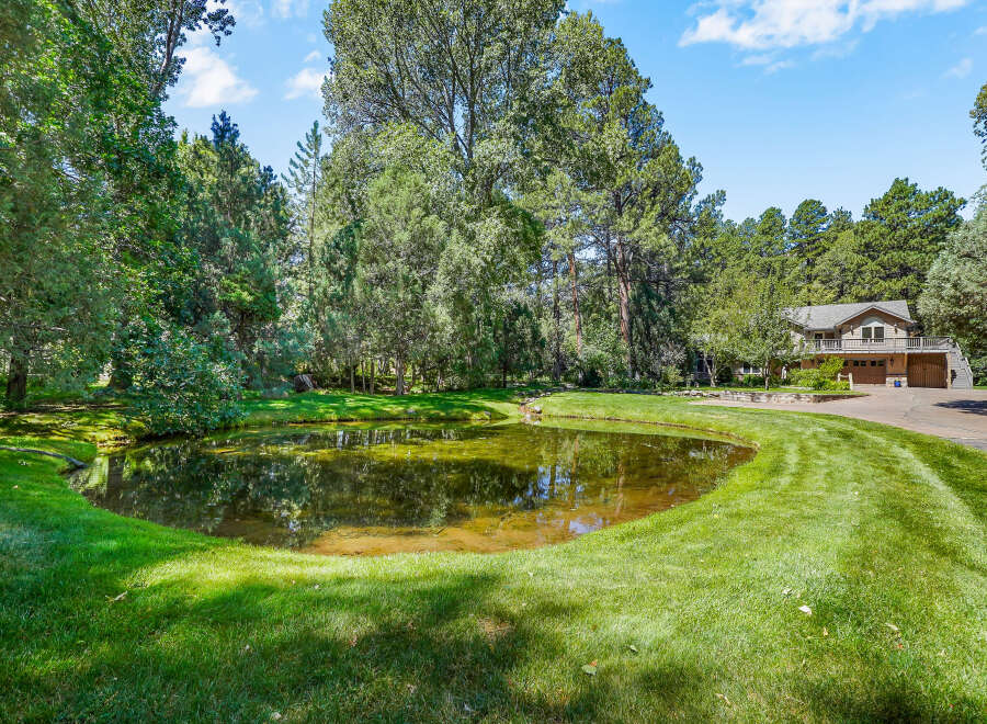 Discover this stunning property featuring a serene pond surrounded by lush greenery and mature trees, offering a tranquil oasis.