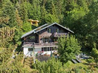 Nestled amidst a lush forest, this charming wooden chalet offers a serene mountain retreat.