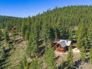 Nestled amidst a dense forest of towering pine trees, this charming log cabin offers a serene mountain retreat.