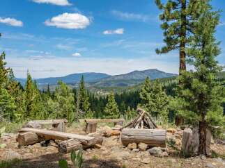Experience the ultimate mountain getaway with this rustic campsite, featuring log benches and a fire pit perfect for gathering.