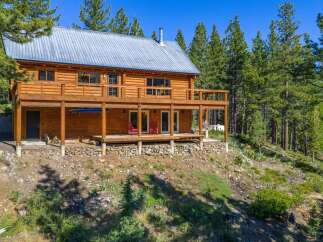 Experience rustic charm in this stunning log cabin nestled amidst towering pine trees.