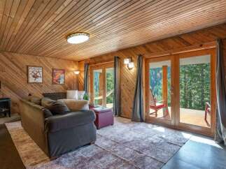 Experience rustic charm in this cozy living room, featuring warm wood-paneled walls and a sloped ceiling.
