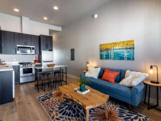 Experience modern living in this stylish apartment featuring a sleek, dark-wood kitchen with stainless steel appliances and a convenient breakfast bar.