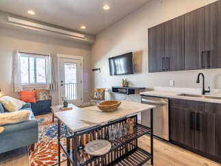 Experience modern living in this stylish studio apartment, featuring a sleek kitchen with dark wood cabinetry and a stainless steel dishwasher.
