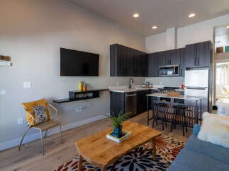 Discover modern living in this stylish studio apartment, featuring a sleek, dark-wood kitchen with stainless steel appliances and a convenient breakfast bar.