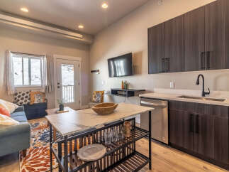 Experience modern living in this stylish studio apartment, featuring a sleek kitchen with dark wood cabinetry and a convenient dishwasher.