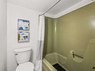This bathroom features a clean white toilet and a striking olive-green bathtub with a built-in seat and grab bar.