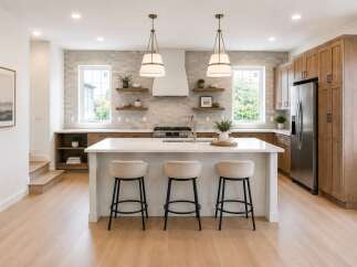 Experience modern living in this stunning kitchen featuring a large island with seating, sleek countertops, and ample cabinet space.