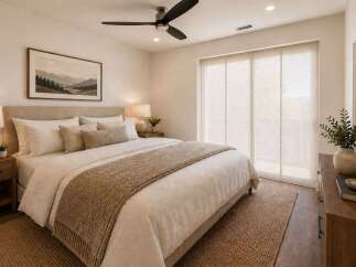 Experience serene living in this beautifully appointed bedroom, featuring a plush king-sized bed adorned with soft, neutral linens and a cozy knit throw.