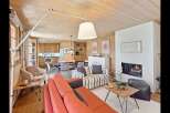 Experience cozy living in this charming mountain retreat, featuring a warm wood-paneled interior and a modern fireplace.