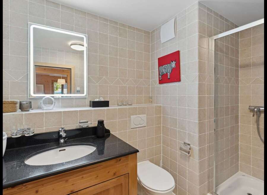 This modern bathroom features a sleek vanity with a granite countertop and an undermount sink, complemented by a large, illuminated mirror.