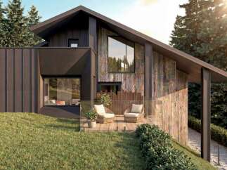 Experience modern mountain living in this stunning architectural home, nestled amidst lush greenery.