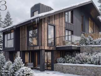 Experience luxury mountain living in this stunning modern home, featuring a striking blend of natural wood and dark metal siding.