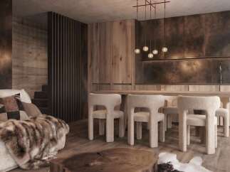 Experience rustic luxury in this stunning living and dining area, featuring a plush sofa adorned with a faux fur throw and a unique live-edge coffee table.