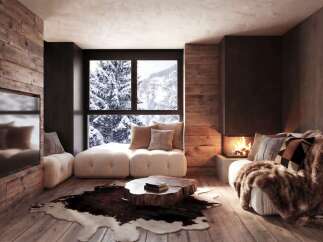 Experience ultimate cozy living in this rustic mountain retreat, featuring a modern fireplace and a plush sectional perfect for enjoying the stunning snowy landscape.
