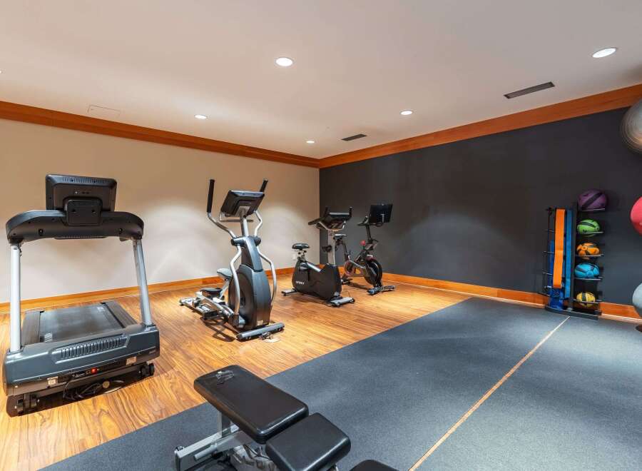 Equip your home gym with this comprehensive fitness setup, featuring a treadmill, elliptical, and stationary bikes for a complete cardio workout.