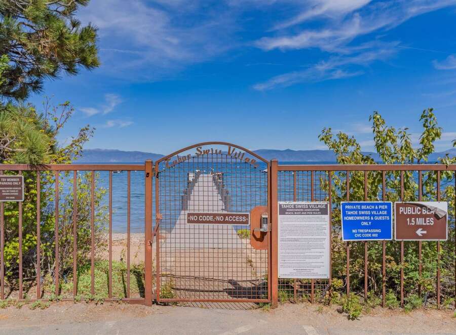Discover exclusive access to the pristine shores of Lake Tahoe with this private beach and pier, reserved for Tahoe Swiss Village homeowners and their guests.
