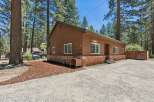 Nestled among tall pine trees, this charming brown home offers a serene retreat.