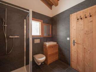 This modern bathroom features a sleek walk-in shower with dark tiled walls, a wall-mounted toilet, and a stylish wooden vanity with a vessel sink.