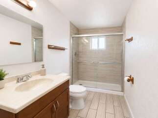 This modern bathroom features a sleek vanity with a cream countertop and a dark wood cabinet, complemented by a large mirror and a decorative plant.