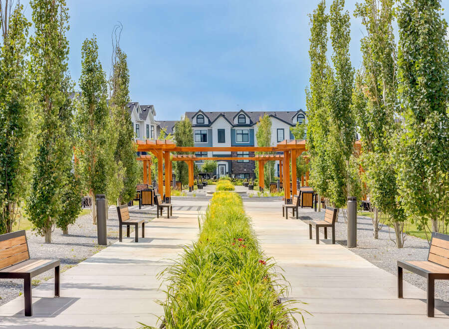 Discover modern living in this beautifully landscaped community, featuring elegant townhomes with striking architectural details.