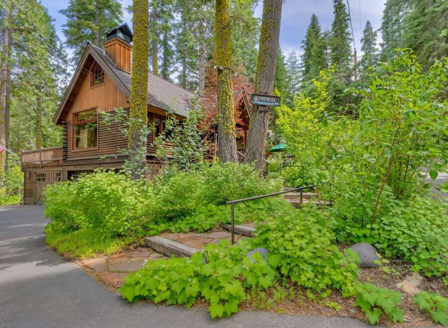 Nestled amidst towering trees, this charming log cabin offers a serene mountain retreat.
