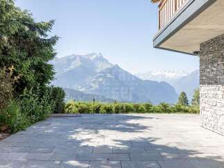 Experience breathtaking mountain views from this stunning property, featuring a spacious stone patio perfect for outdoor entertaining.