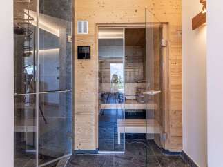 Experience ultimate relaxation in this luxurious spa area, featuring a modern glass-enclosed sauna with natural wood interiors and a sleek adjacent shower space.