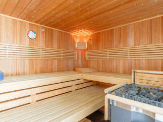 Experience ultimate relaxation in this luxurious sauna, featuring natural wood paneling and ambient lighting.
