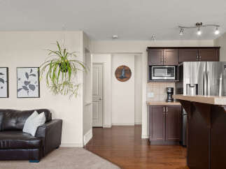 This open-concept living and kitchen area features a comfortable dark leather sofa complemented by two framed botanical prints and a hanging plant.