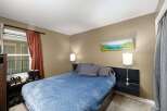 Discover comfort and style in this inviting bedroom, featuring a plush blue comforter on a modern bed.