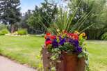 Enhance your outdoor living space with this stunning planter, featuring a vibrant mix of red, purple, and yellow flowers cascading over a glossy, square container.