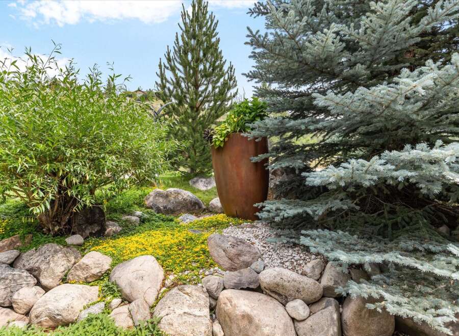 Discover a beautifully landscaped yard featuring a large, rustic planter and a variety of mature trees, including a striking blue spruce.