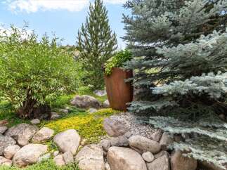 Discover a beautifully landscaped yard featuring a large, rustic planter and a variety of mature trees, including a striking blue spruce.
