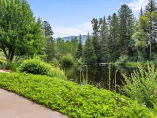 Discover serene living with this picturesque property featuring a tranquil pond surrounded by lush greenery and mature trees.