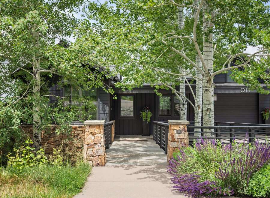 Discover this stunning modern home featuring a dark wood exterior and a welcoming stone pathway leading to the entrance.