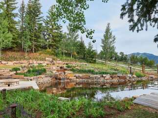 Discover this stunning mountain retreat featuring a serene water feature with cascading waterfalls, perfect for relaxation.