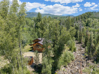 Nestled amidst a lush forest, this charming log home offers a serene mountain retreat.