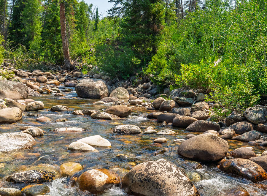 Discover a serene mountain retreat with a crystal-clear river flowing through a lush forest.