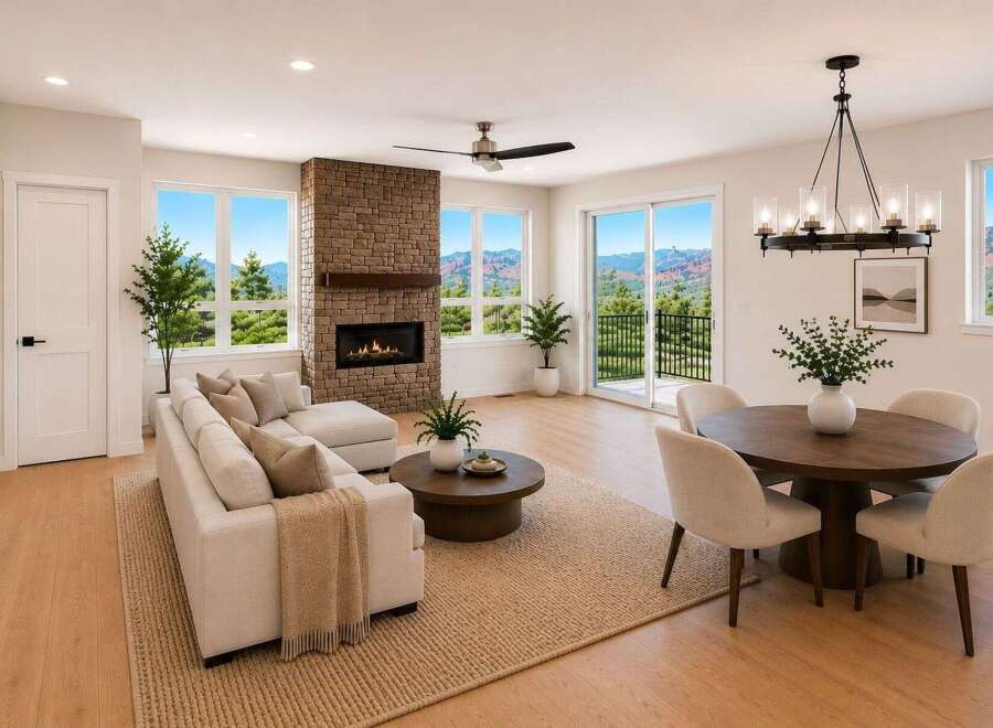 Experience breathtaking mountain views from this stunning living and dining area, featuring a modern sectional sofa, a cozy brick fireplace, and a stylish round dining table perfect for entertaining.