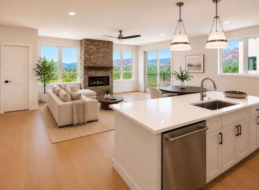 Experience luxurious living in this stunning open-concept home, featuring a modern kitchen with a large island and sleek cabinetry, flowing seamlessly into a spacious living area with a cozy stone fireplace.