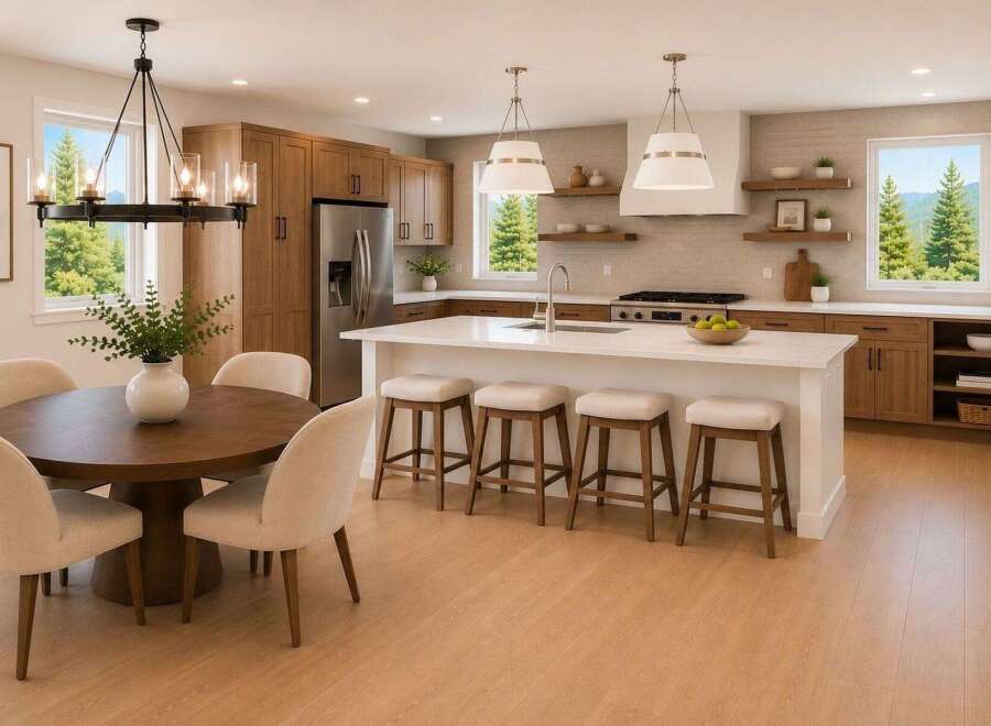 Experience modern living in this stunning kitchen featuring warm wood cabinetry, a spacious island with seating, and elegant pendant lighting.