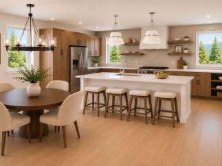 Experience modern living in this stunning kitchen featuring warm wood cabinetry, a spacious island with seating, and elegant pendant lighting.