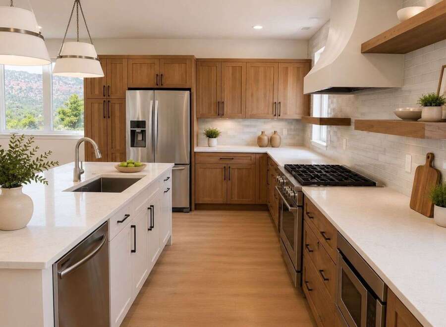 Experience luxury in this stunning modern kitchen, featuring sleek white quartz countertops and warm, natural wood cabinetry.