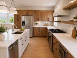 Experience luxury in this stunning modern kitchen, featuring sleek white quartz countertops and warm, natural wood cabinetry.