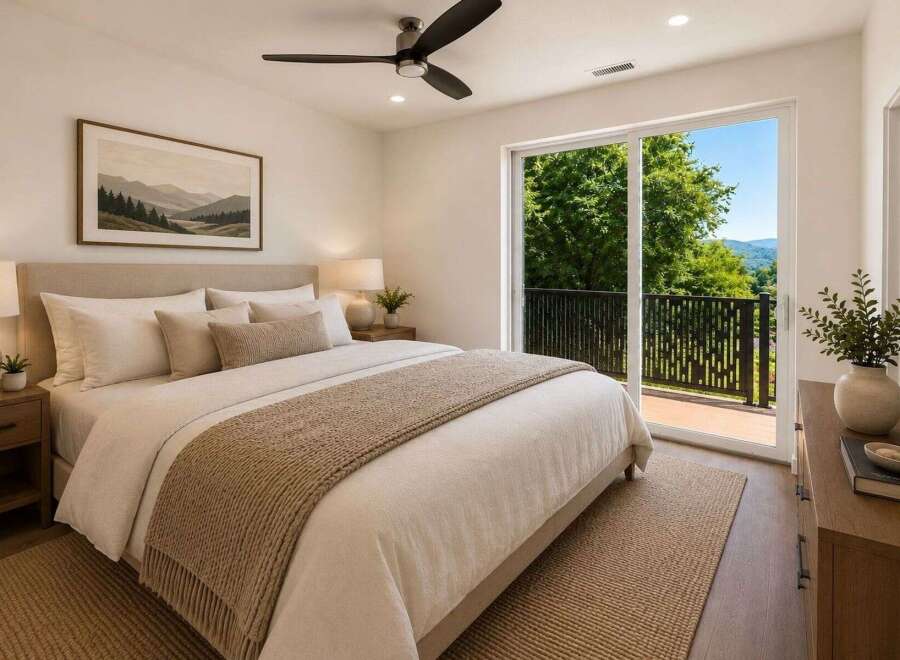 Experience serene living in this beautifully appointed bedroom, featuring a plush king-sized bed and a cozy throw blanket.