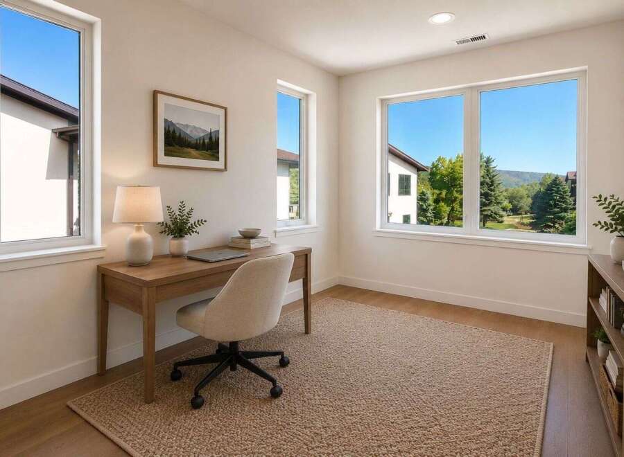 This home office features a spacious desk with a laptop and a comfortable office chair, perfect for remote work.