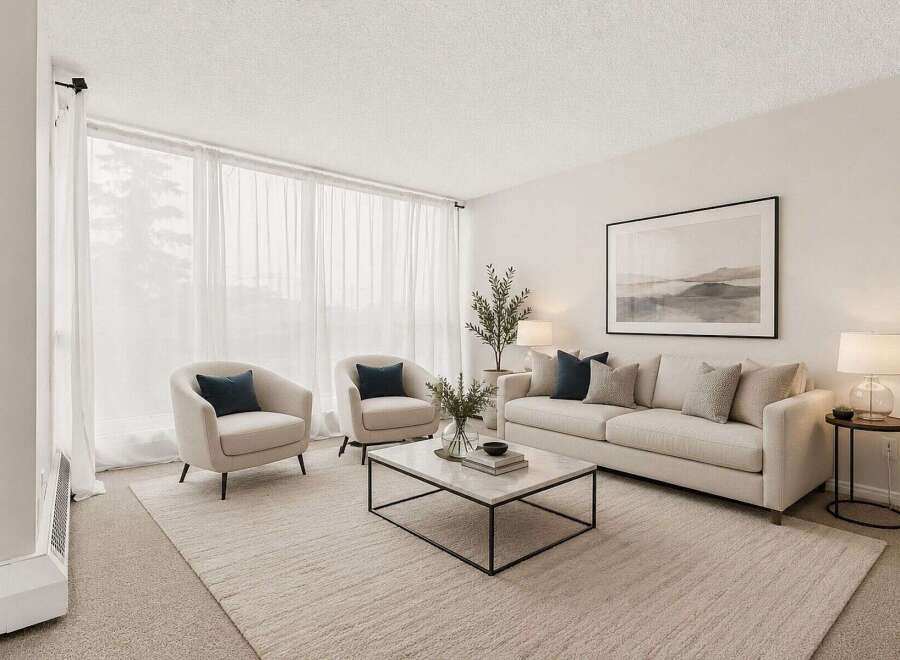 Step into this inviting living room, bathed in natural light from expansive sheer curtains.